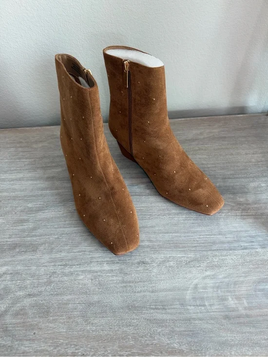 Corkys Brown Suede Studded Such a Tease Zip Square Toe Block Heel Ankle Boots 8