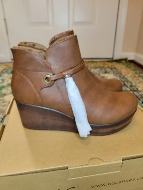 Tan Leather Wedge Ankle Boot