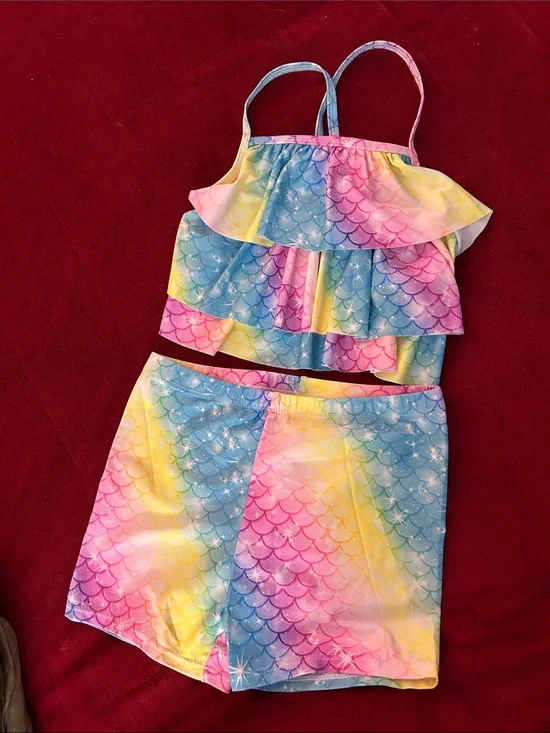 Kids Rainbow Mermaid Ruffle Bikini Set - Multicolor
