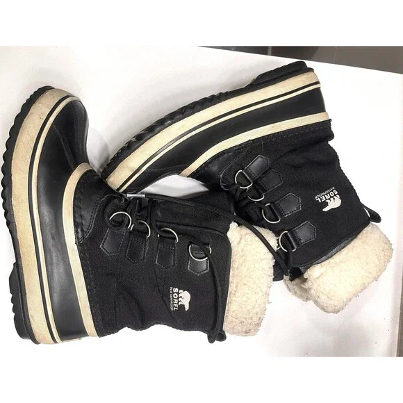 Sorel Waterproof Winter Boots Women’s 7.5 Carnival  Black Faux Fur  NL1495-011