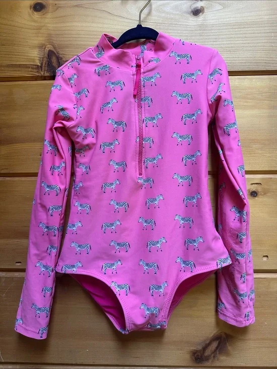 Coolibar Mott50 kid zebra pink long sleeve swim bathing suit rash guard size 6