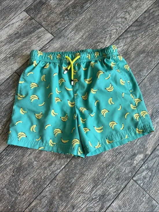 Kids Banana Print Swim Trunks - Teal and Yellow