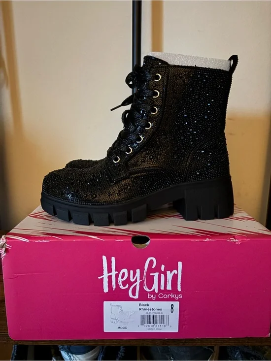 Corkys Black Rhinestone Lug Combat Boot