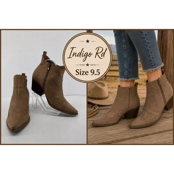 Indigo Rd Western Chic Ankle Boots Tan Faux Leather Stacked Heel Pointed Toe 9.5