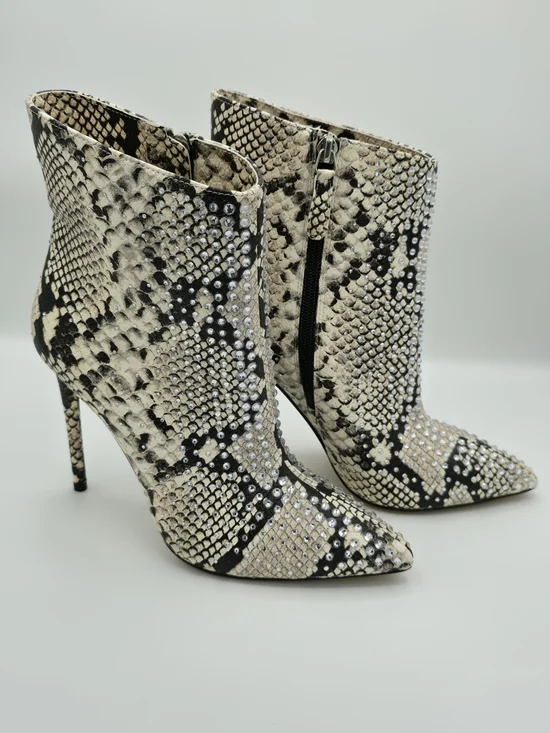 Jennifer Lopez Black and Cream Snake-Print Stiletto Ankle Boots with Crystals