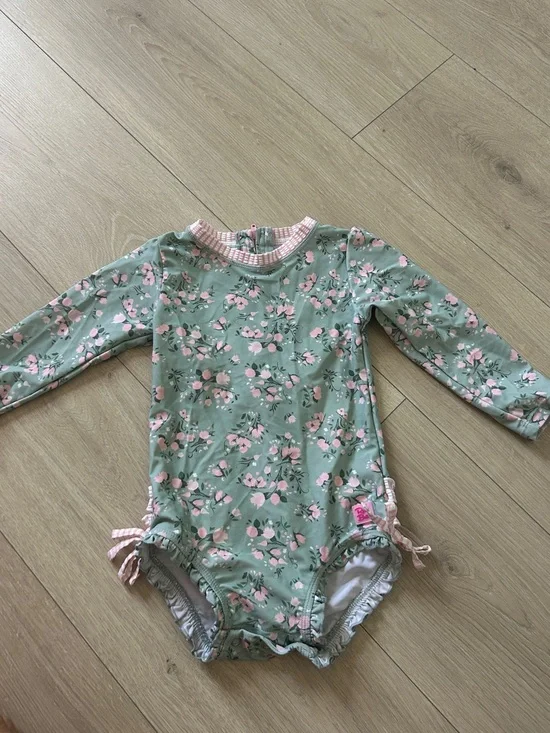 RUFFLE BUTTS Long-Sleeve Floral One-Piece Swimsuit in Sage and Pink