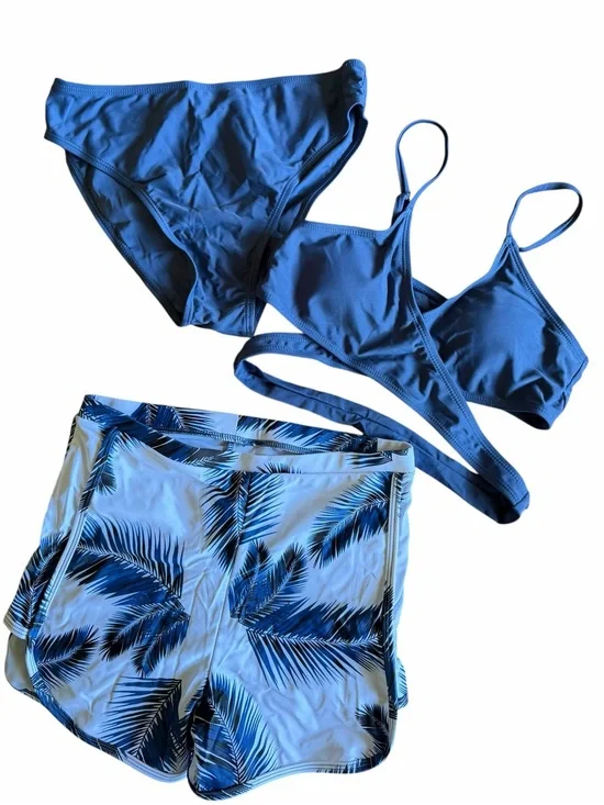 Girls 3 Piece Wrap Bikini Top with Bottoms and Shorts Swim Suit Size 160 aka 12