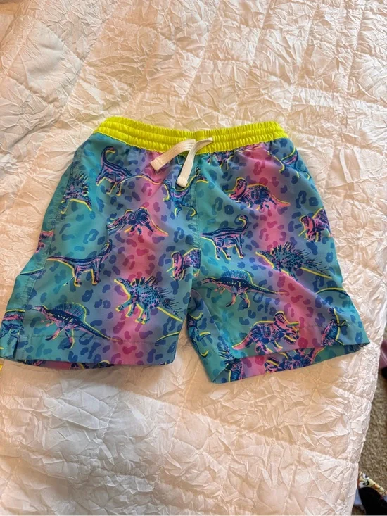 chubbies Neon Yellow Pocket Swim Shorts with Blue & Pink Dino Print