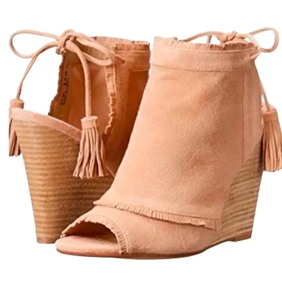Suede Leather Woodgrain Wedge Tassel Ankle Strap Booties Kristin Cavallari NEW