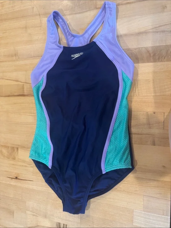 Speedo Navy One-Piece Swimsuit with Lavender Straps and Teal Side Panels