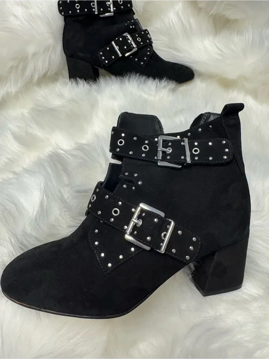 Rebecca Minkoff Black Suede Studded Buckle Ankle Boots