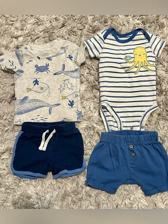 Baby Blue Ocean Stripe Octopus Bodysuit & Short Set
