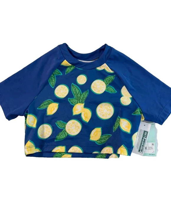 DSG Girls Blue Lemon Print Crop Rash Guard Swim Top Size Medium NWT
