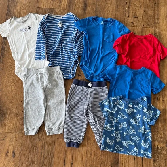 Bundle of toddler boys 24 months bodysuits, shirts, pants from Carters, etc.