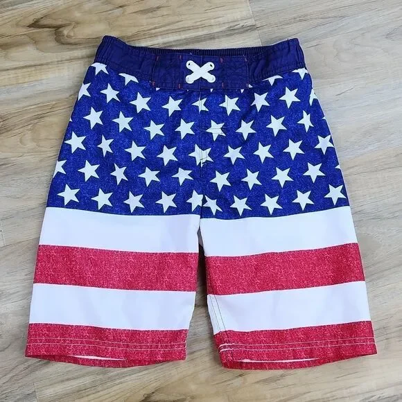 🧡Cat & Jack Red, White, & Blue American Flag Print Swim Trunks Medium