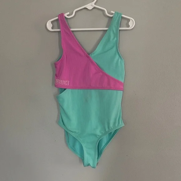 Justice Vibrant Pink and Teal One-Piece Swimsuit