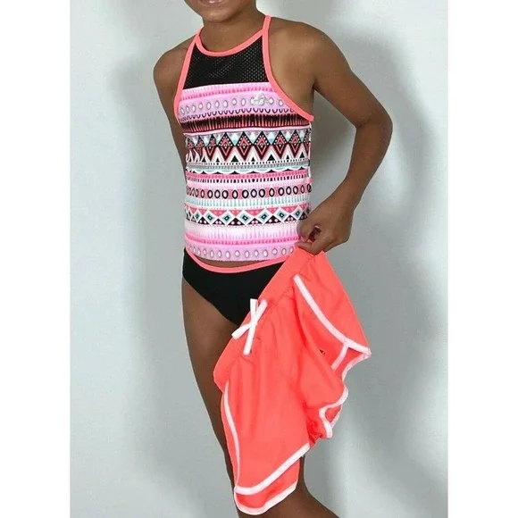 NEW Gerry Girls 3-pc Swimsuit Set‎ Neon Orange Pink 12 Tankini Bikini Shorts
