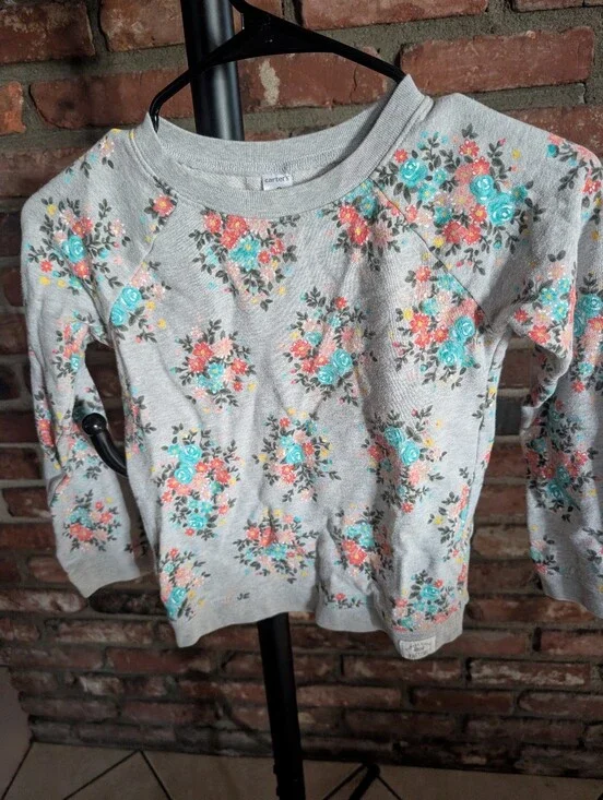 Carter's Light Gray Floral Pullover with Teal and Coral Accents