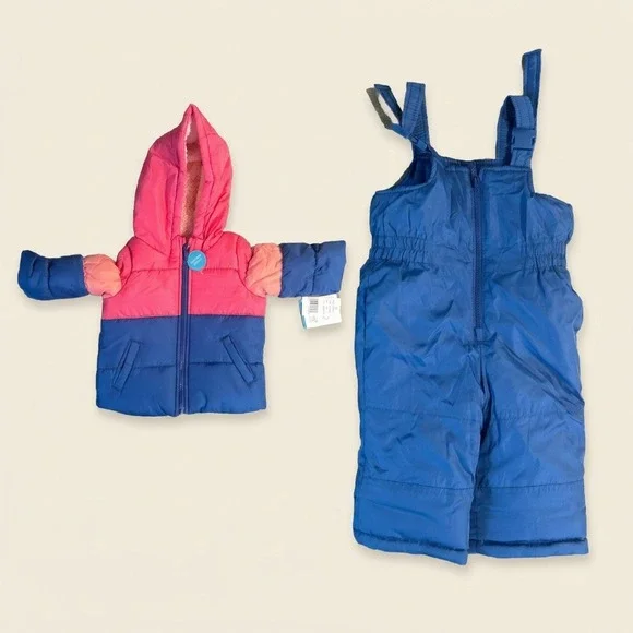 NWT Carter's Baby Girl 12M 2-Piece Snowsuit Pink Blue Colorblock Sherpa Lined