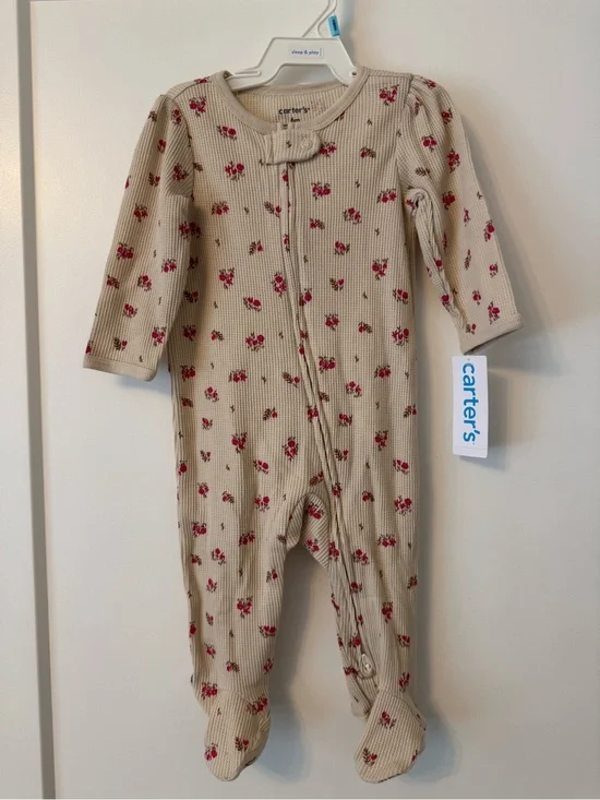 Carter's Beige Ribbed Floral Footed One-Piece