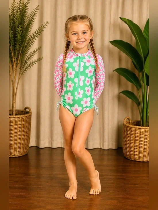 Jumping Beans 4T Floral Long Sleeve Rash Guard Swimsuit UPF 50+ One Piece