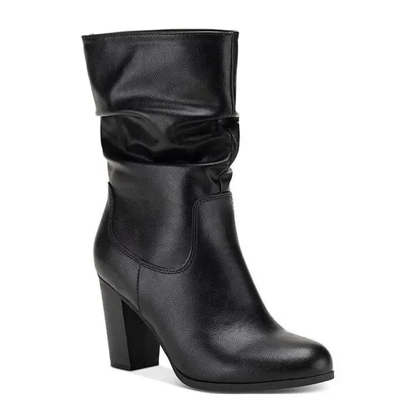 Style & Co Womens 5 M Black Saraa Faux Leather Block Heel Boots DISPLAY QW9