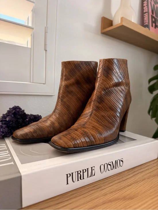 Stuart Weitzman Croc-Embossed Brown Leather Ankle Booties
