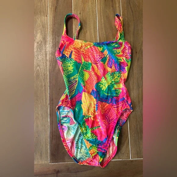 Pacific Connections Vintage Neon Multicolor Girls' One-Piece Swimsuit 8-10‎