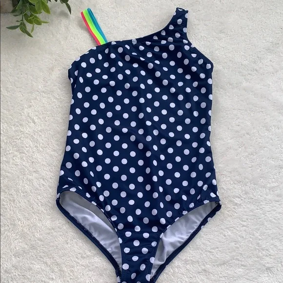 Land’s End Navy Polka Dot Rainbow Shoulder Swimsuit 10 EUC