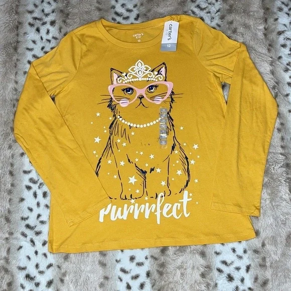 Carters Kid NWT Girls Yellow Cat Tiara Purrrfect Long Sleeve Graphic Tee 12