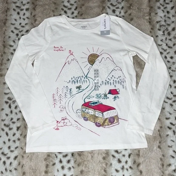 Carters Kid NWT Girls White Mountain Camping Long Sleeve Graphic Tee Shirt 12