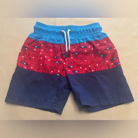 Toddler Cat & Jack Red White‎ & Blue Shark Swim Trunks Size 3T Drawstring Pocket