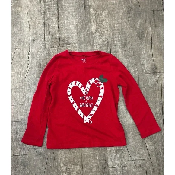 Carters Kid Girls‎ Red Merry Bright Candy Cane Heart Christmas Shirt Size 4