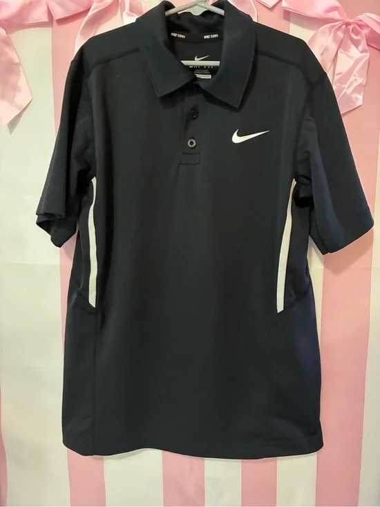 Nike Boys Black Polo with White Swoosh and Side Stripes