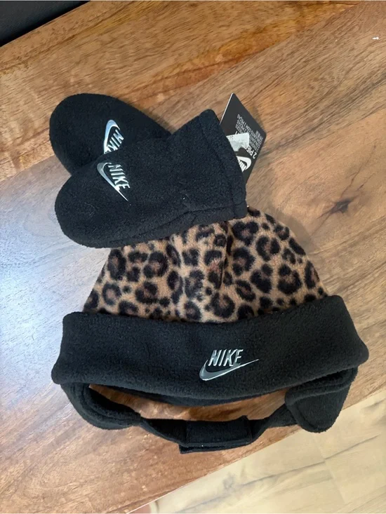 Nike Black Fleece Hat with Leopard Print Panel and Matching Mittens