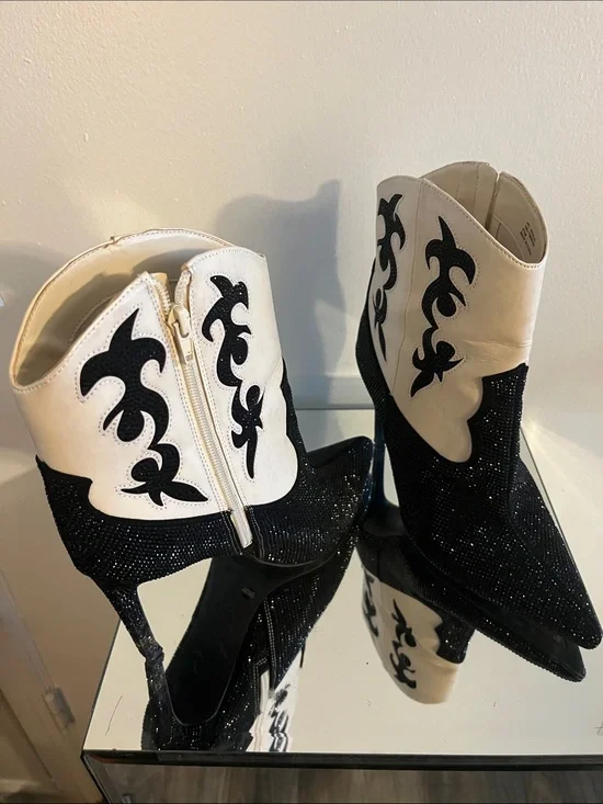 INC International Concepts Black and White Embellished Western Ankle Booties