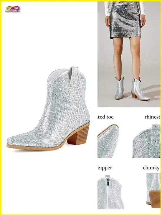 Glitter Rhinestone Chunky Heel Cowboy Ankle Booties Zipper Sparkly Cowgirl Boots