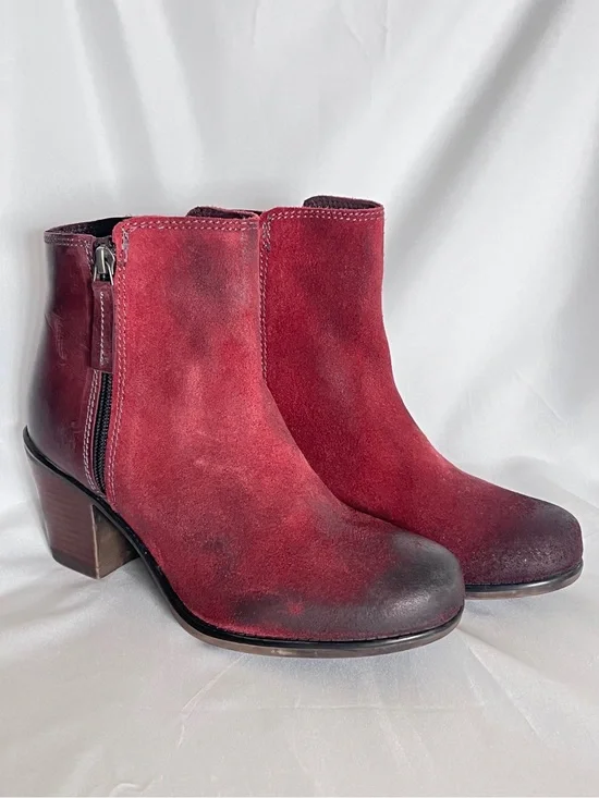ROAN Lina Burgundy Red Suede Leather Women’s Ankle Boots Booties  Zip Heel