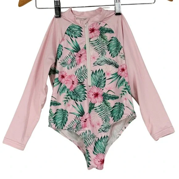 Girls Pink Tropical Hibiscus Long Sleeve Rash Guard One Piece Swimsuit Size 7/8