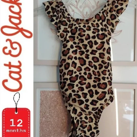 🎁 = 10/$25- 12 months leopard one piece swim suit with bow and ruffles