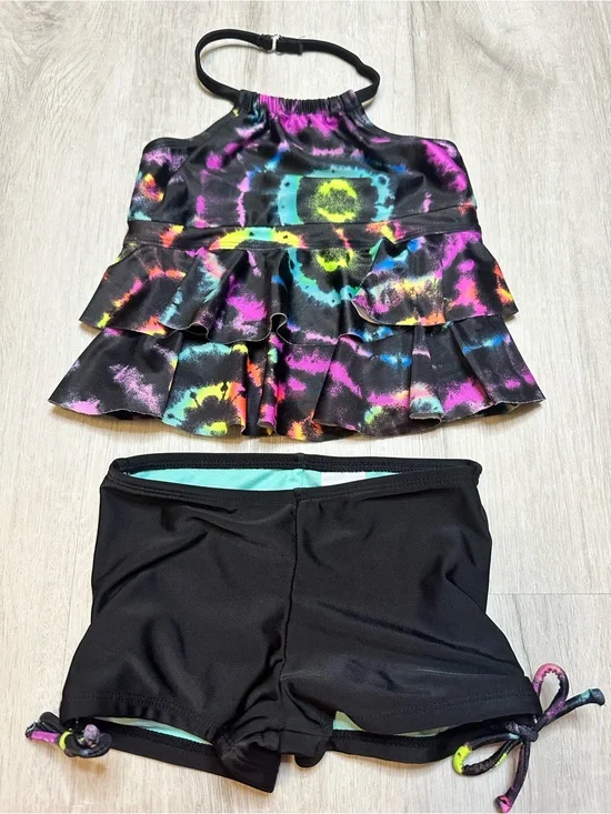 Kids - 3 for $10 - Girls Two-Piece Ruffle Tankini in Black with Neon Tie-Dye
