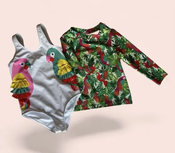 Bundle 2 Pieces Girls Swimming Suit Rash Guard Macaw Size 2-3T Summer Pool