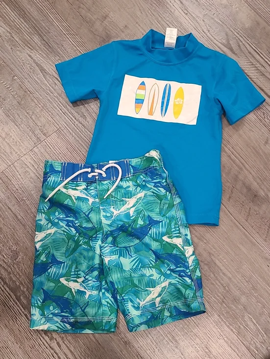 Blue Surfboard Rash Guard & Tropical  Shark Swim Trunk Sizen5/6