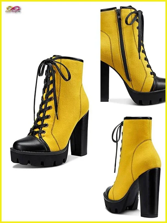 High Heel Platform Lace Up Booties Chunky Heel Ankle Boots Zipper Round Toe