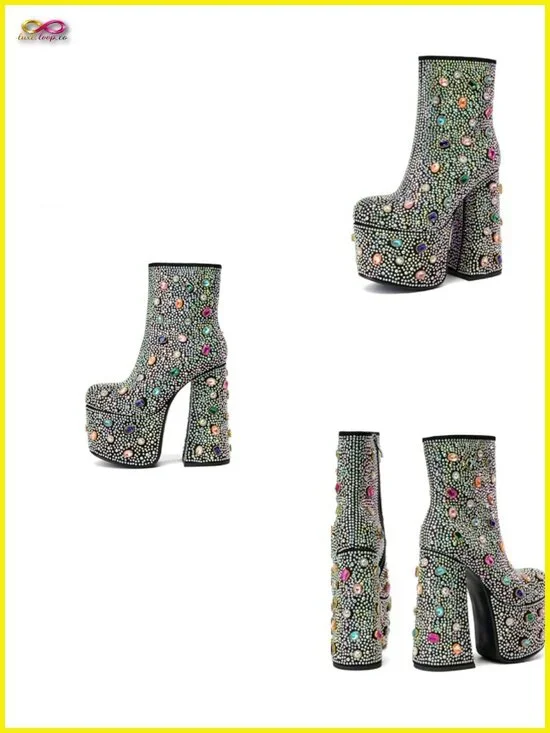 Rhinestone Platform Boots with Chunky Heel - Sparkly Ankle Boots for Party &