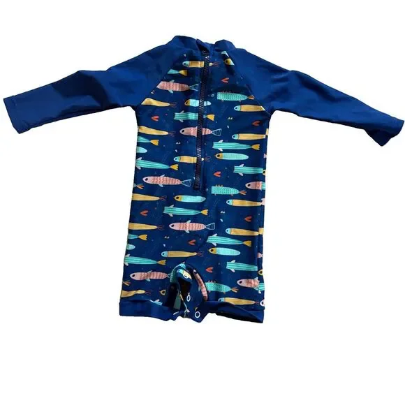 Umelok Blue Fish Print Zip Long Sleeve Lined One Piece Swimsuit 0-3 Months