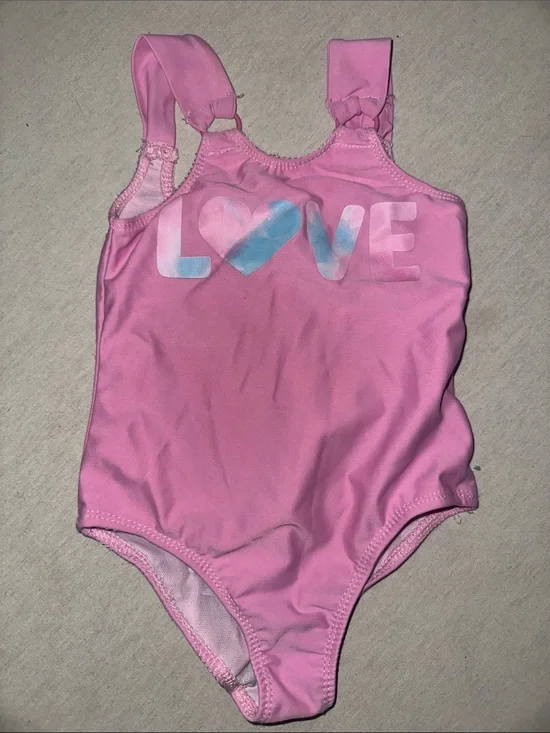 Kids Size 3T Pink Girls One-Piece Swimsuit with LOVE Heart Print