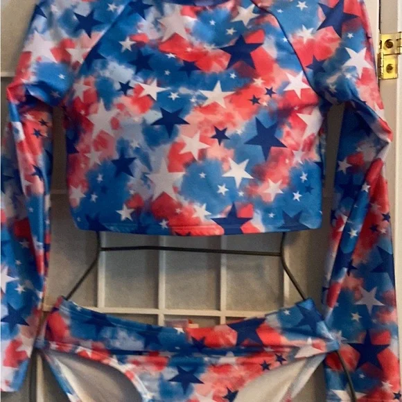 Kids Long-Sleeve Two-Piece Swim Set - Red, White & Blue Star Print