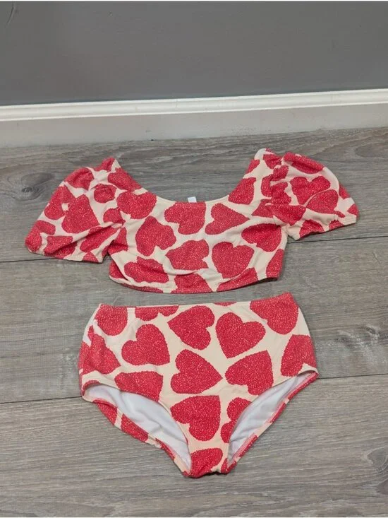 Mini Boden Girls 8-9Y Puff Sleeve Bikini Two Piece Red Hearts Cream Swimsuit