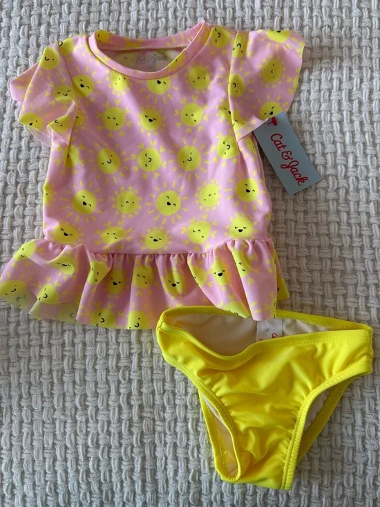 NWT Cat & Jack Pink and Yellow Smiley Sun Two-Piece Swim Set